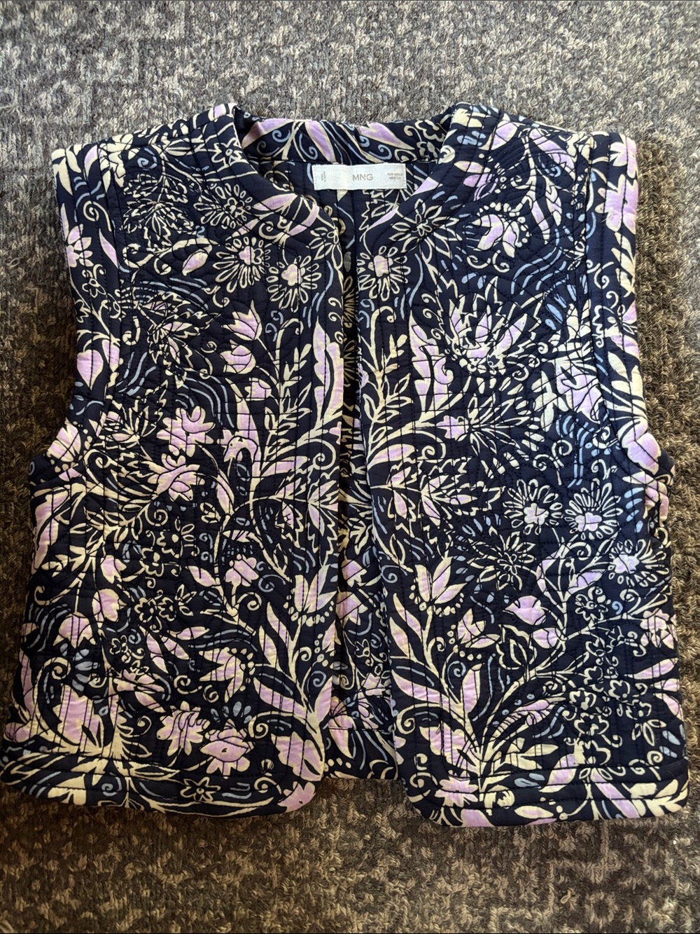 MNG Quilted Floral Vest Guilet- Navy with Light Lavender and Cream